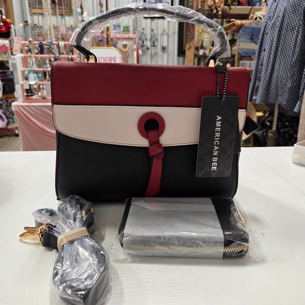 American Bee Vegan Leather Colorblock Satchel Handbag and Wallet Set Red Black